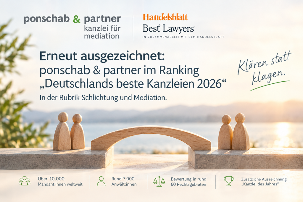 Das Bild steht in Zusammenhang mit Mediation und Konfliktlösung durch die Kanzlei Ponschab & Partner und zeigt folgendes: Zwei Holzfiguren stehen auf Blöcken, die durch eine Brücke miteinander verbunden sind. Im Hintergrund ist eine sonnige Szene im Freien zu sehen. Der Text hebt das Ranking von Anwaltskanzleien im Bereich Mediation, Auszeichnungen und Leistungsstatistiken hervor, ergänzt durch die Logos von Ponschab & Partner und dem Handelsblatt. Bei Fragen zu Konflikten und Konfliktlösung wenden Sie sich bitte an uns unter info@ponschab-partner.com