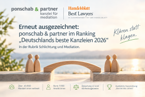 Das Bild steht in Zusammenhang mit Mediation und Konfliktlösung durch die Kanzlei Ponschab & Partner und zeigt folgendes: Zwei Holzfiguren stehen auf Blöcken, die durch eine Brücke miteinander verbunden sind. Im Hintergrund ist eine sonnige Szene im Freien zu sehen. Der Text hebt das Ranking von Anwaltskanzleien im Bereich Mediation, Auszeichnungen und Leistungsstatistiken hervor, ergänzt durch die Logos von Ponschab & Partner und dem Handelsblatt. Bei Fragen zu Konflikten und Konfliktlösung wenden Sie sich bitte an uns unter info@ponschab-partner.com